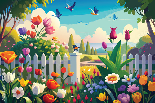 A vibrant garden filled with blooming tulips, daffodils, and roses, with birds perched on a white picket fence and a clear sky overhead