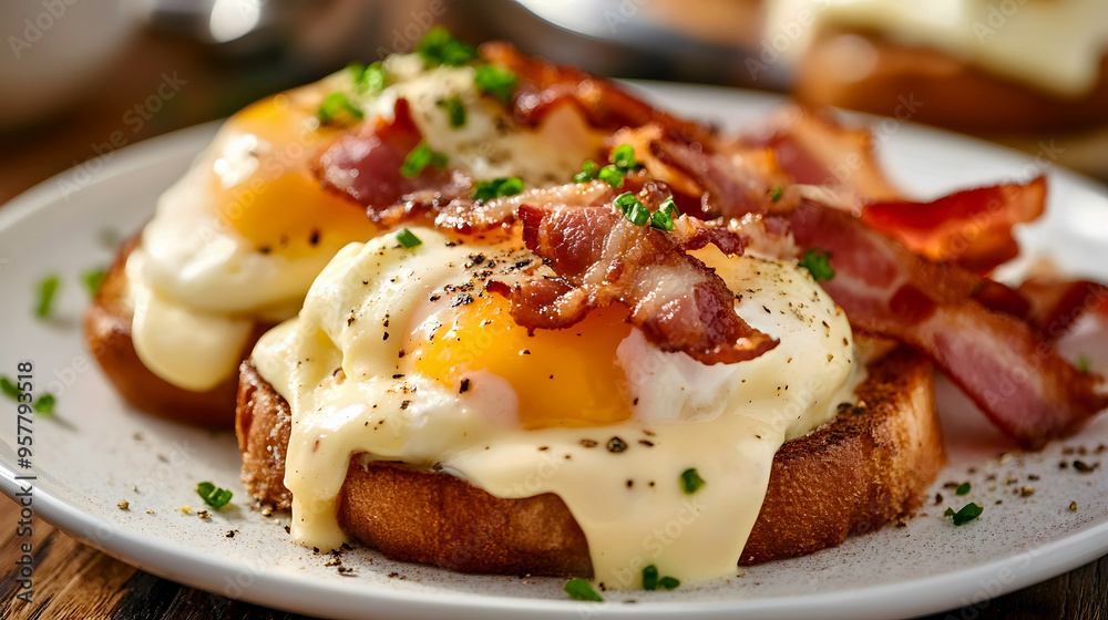delicious plate of Eggs Benedict with a side of crispy bacon delicious plate of Eggs Benedict with a side of crispy bacon