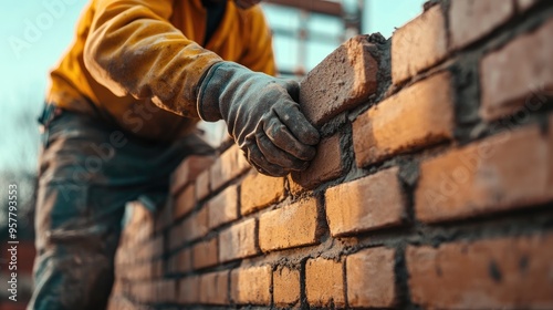 A construction worker laying bricks on a wall, with a focus on the precision and technique involved in the process.