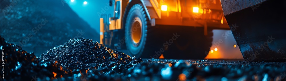 Close-up of a construction site at night with heavy machinery and illuminated surroundings in a dynamic work environment. Close-up of a construction site at night with heavy machinery and illuminated surroundings in a dynamic work environment.