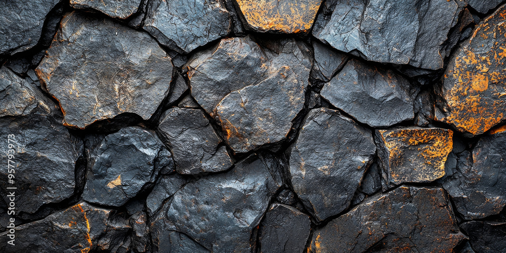 Fototapeta premium A close-up of a rough stone wall with a mix of dark and light grey stones.