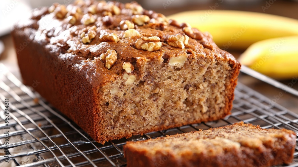 A delicious loaf of banana bread with walnuts, placed on a cooling rack with slices revealing a moist interior. A delicious loaf of banana bread with walnuts, placed on a cooling rack with slices revealing a moist interior.