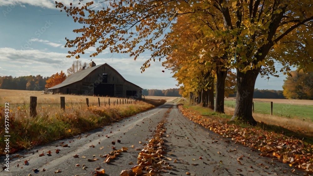 Autumn leaves blanket the road leading to a rustic barn in a serene rural landscape during a sunny afternoon
