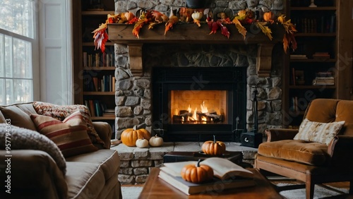 Cozy autumn living room with a fireplace, seasonal decor, pumpkins, and a warm, inviting atmosphere for relaxation