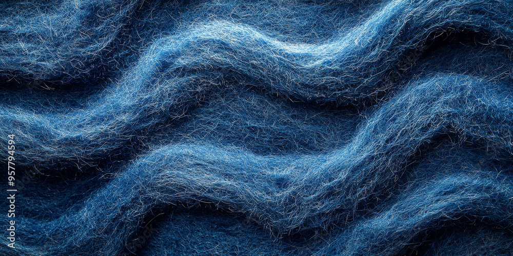 Fototapeta premium Soft blue wool fibers create a textured, wavy pattern.