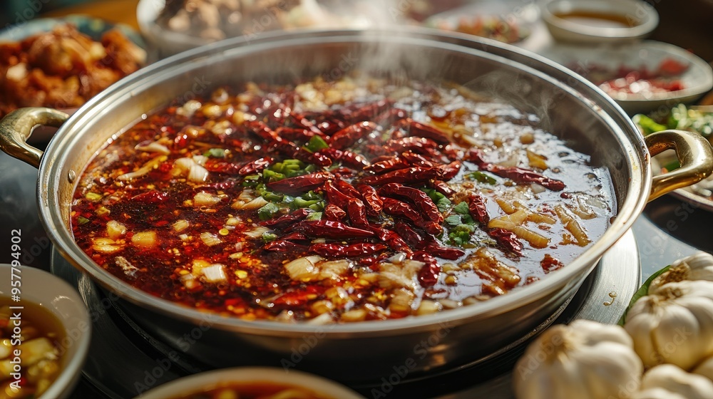 A close-up of a steaming Sichuan hot pot, showcasing the deep red broth filled with whole chili peppers, garlic cloves, and peppercorns, with a variety of side dishes around it A close-up of a steaming Sichuan hot pot, showcasing the deep red broth filled with whole chili peppers, garlic cloves, and peppercorns, with a variety of side dishes around it