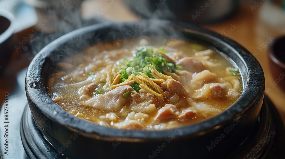 A close-up shot of Samgyetang, the warm ginseng chicken soup, bubbling in a black stone bowl, capturing the essence of Korean summer cuisine culture A close-up shot of Samgyetang, the warm ginseng chicken soup, bubbling in a black stone bowl, capturing the essence of Korean summer cuisine culture