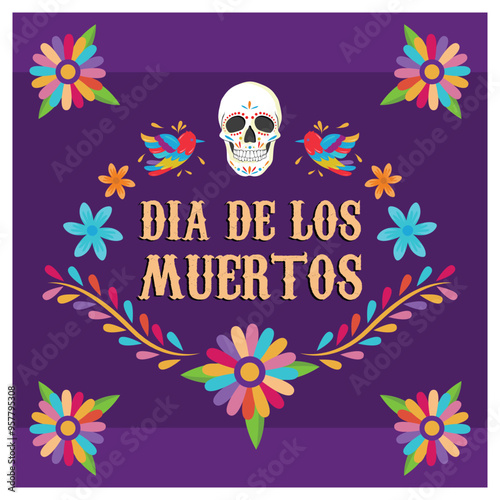 Dia de los moertos in Mexico. Painted human skull with colorful flowers. Day of the Dead concept. Flat vector illustration.