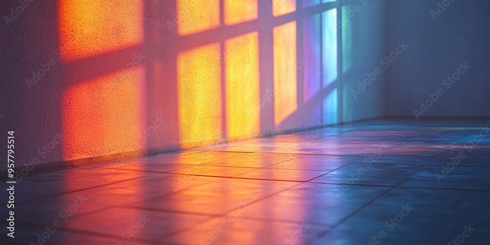 Colorful light shines through a window onto the wall and floor. Colorful light shines through a window onto the wall and floor.