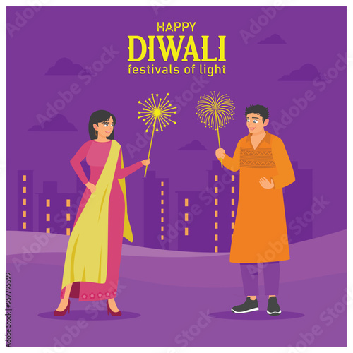 Hindus celebrate Diwali. People in india traditional clothes set off fireworks. Diwali festival concept. Flat vector illustration.