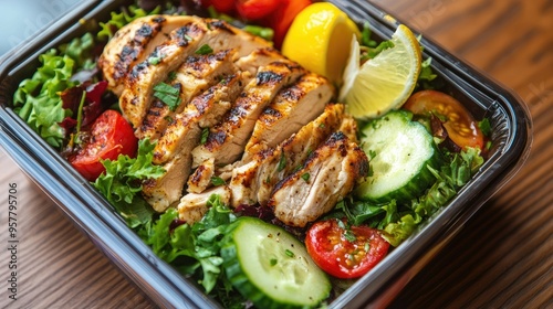 A colorful lunch box featuring a grilled chicken salad with mixed greens, cherry tomatoes, cucumbers, and a lemon wedge, ready for delivery or takeaway service