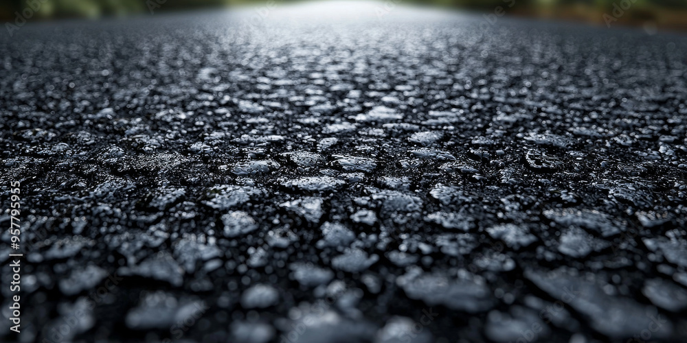 Close-up of a freshly paved asphalt road. The texture of the asphalt is visible with a subtle sheen reflecting the light. Close-up of a freshly paved asphalt road. The texture of the asphalt is visible with a subtle sheen reflecting the light.