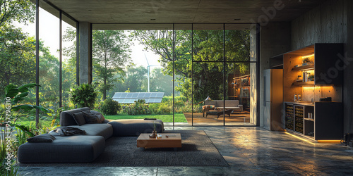 Modern living room with large windows overlooking a lush green garden, featuring a sectional sofa, coffee table, and a sleek kitchen area.