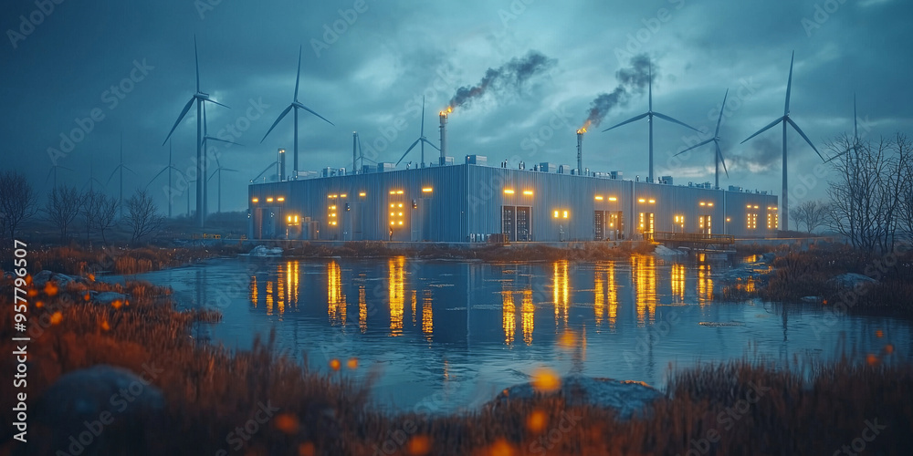 Fototapeta premium A large industrial complex with wind turbines illuminated at dusk.
