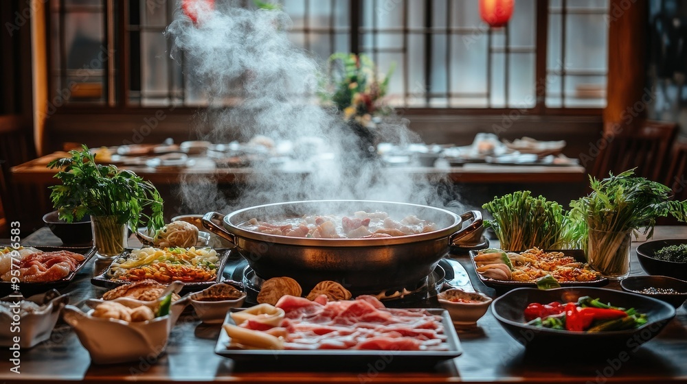 A family-style hot pot setup on a dining table, with a steaming pot in the center and a spread of raw meats, fresh vegetables, and dipping sauces ready to be cooked A family-style hot pot setup on a dining table, with a steaming pot in the center and a spread of raw meats, fresh vegetables, and dipping sauces ready to be cooked