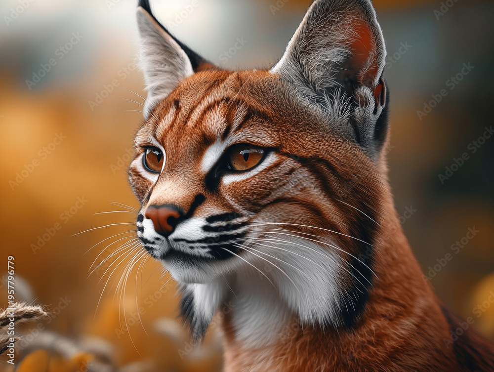 Obraz premium Caracal, close up with warm tones in a savanna landscape