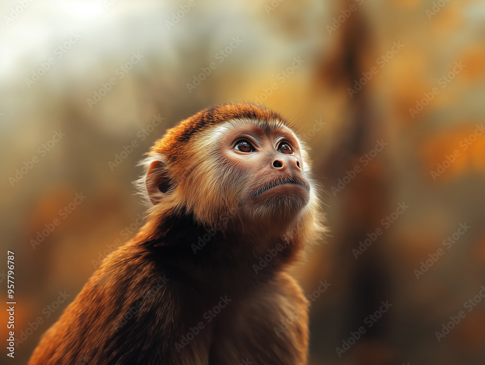 Fototapeta premium White faced Capuchin, New World Primate, in a tropical forest with falling leaves