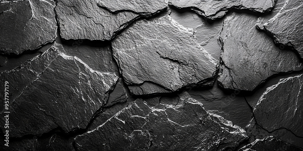 Close-up of a textured slate wall, showcasing a dramatic, dark, and rugged aesthetic. Close-up of a textured slate wall, showcasing a dramatic, dark, and rugged aesthetic.