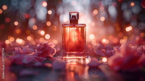 pack shot of a minimalist perfume bottle. Bokeh lighted petals emit electroluminescent particles in background photo