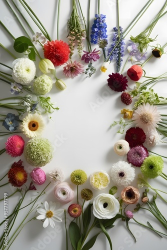 A vibrant and colorful arrangement of various flowers is displayed in a circular pattern on a white background