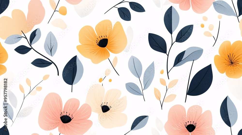 Obraz premium Floral Fantasy: A whimsical dance of pastel blossoms and navy leaves on a pristine backdrop, offering a touch of elegance and joy to any design. 