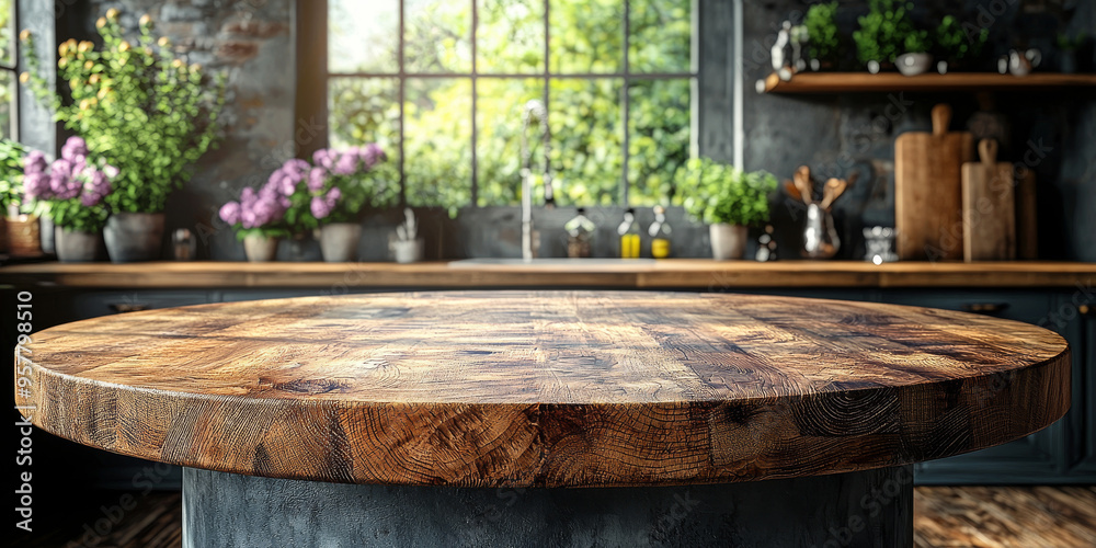 Empty wooden table in a rustic kitchen with a window and plants. Empty wooden table in a rustic kitchen with a window and plants.