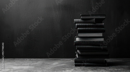 A close-up photo of a stack of books with black and white tones,