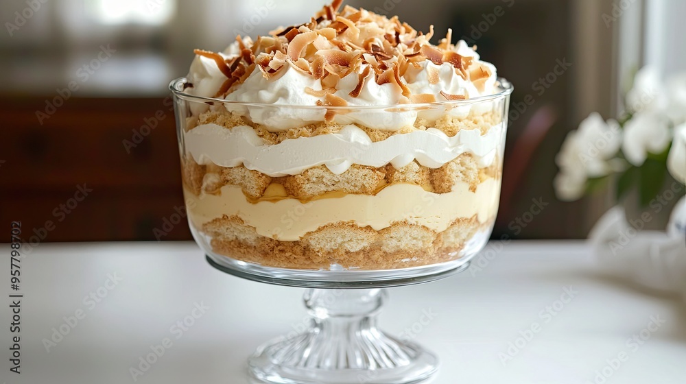 A layered English trifle in a clear glass dish, revealing biscuit dough, custard, and whipped cream layers, topped with fresh coconut, placed on a white table A layered English trifle in a clear glass dish, revealing biscuit dough, custard, and whipped cream layers, topped with fresh coconut, placed on a white table