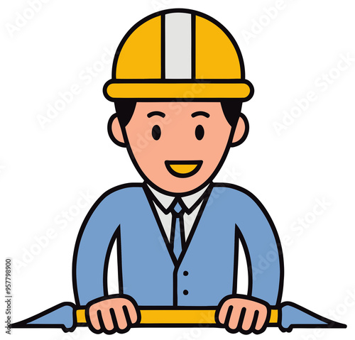 Smiling 2D Flat Design Architect Holding a architect tools, Wearing a Hard Hat and Suit