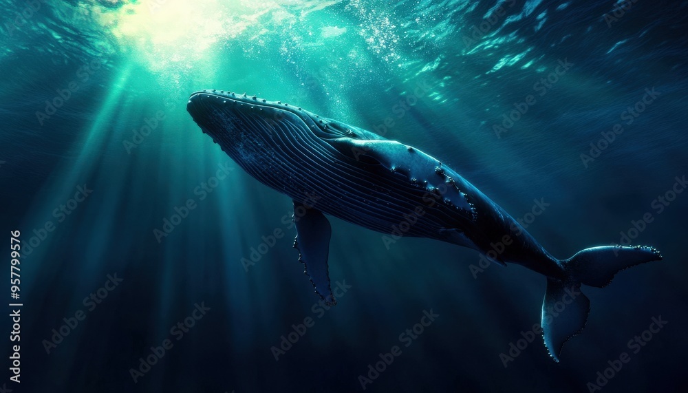 A majestic whale swims gracefully through deep ocean waters, illuminated by captivating beams of sunlight from above. A majestic whale swims gracefully through deep ocean waters, illuminated by captivating beams of sunlight from above.