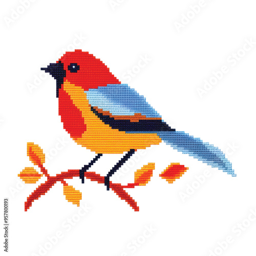 Bird cross-stitch needlework embroidery.
