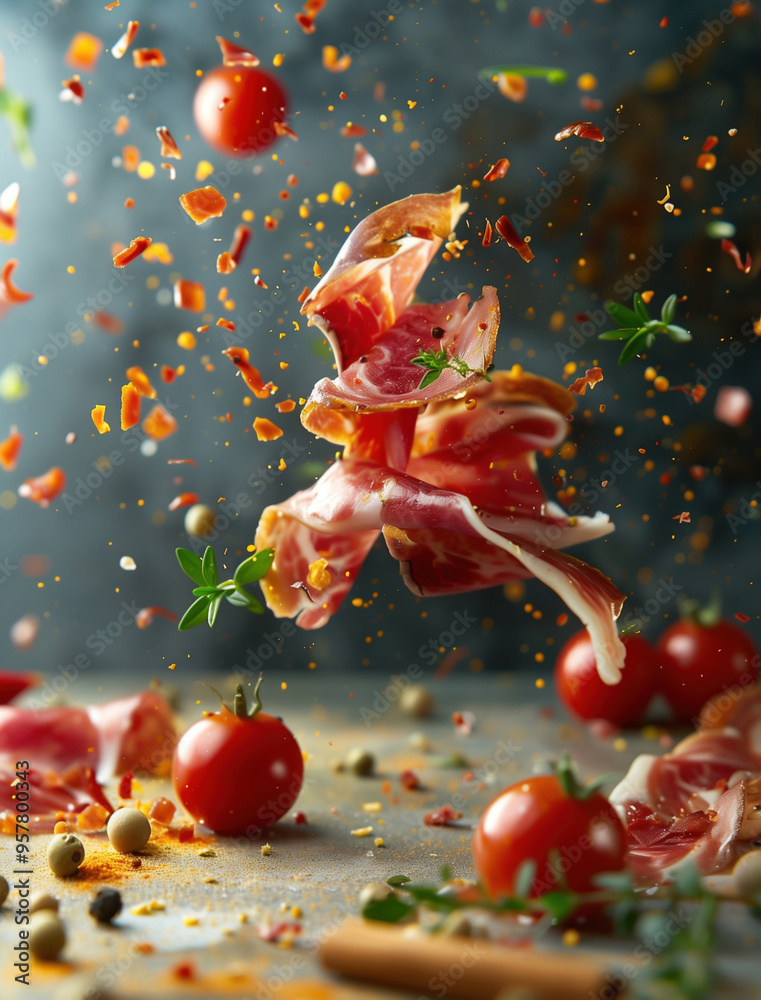 Sliced Iberico Ham in Dynamic and Artistic Food Photography Sliced Iberico Ham in Dynamic and Artistic Food Photography