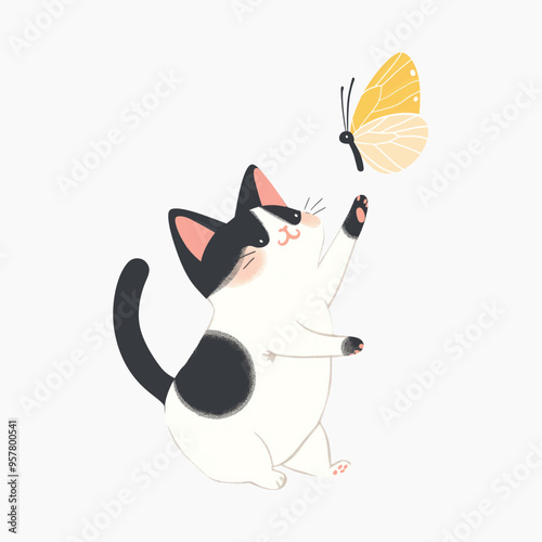 Cute cat chasing butterfly illustration