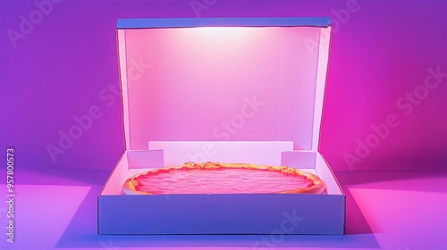 Open pizza box with pink lighting revealing a pizza inside photo