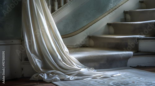 A long white gown is draped over the steps of a staircase