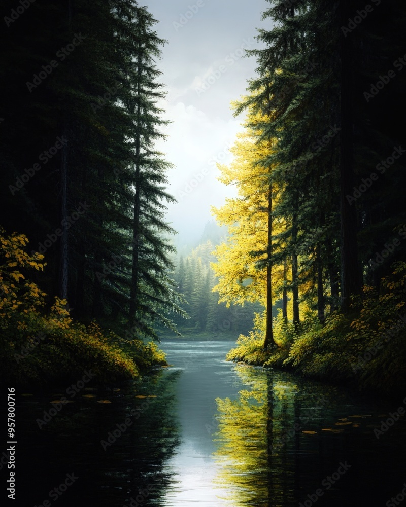 Obraz premium A serene river winding through a lush forest, bathed in golden sunlight and surrounded by tall trees reflecting in tranquil waters.