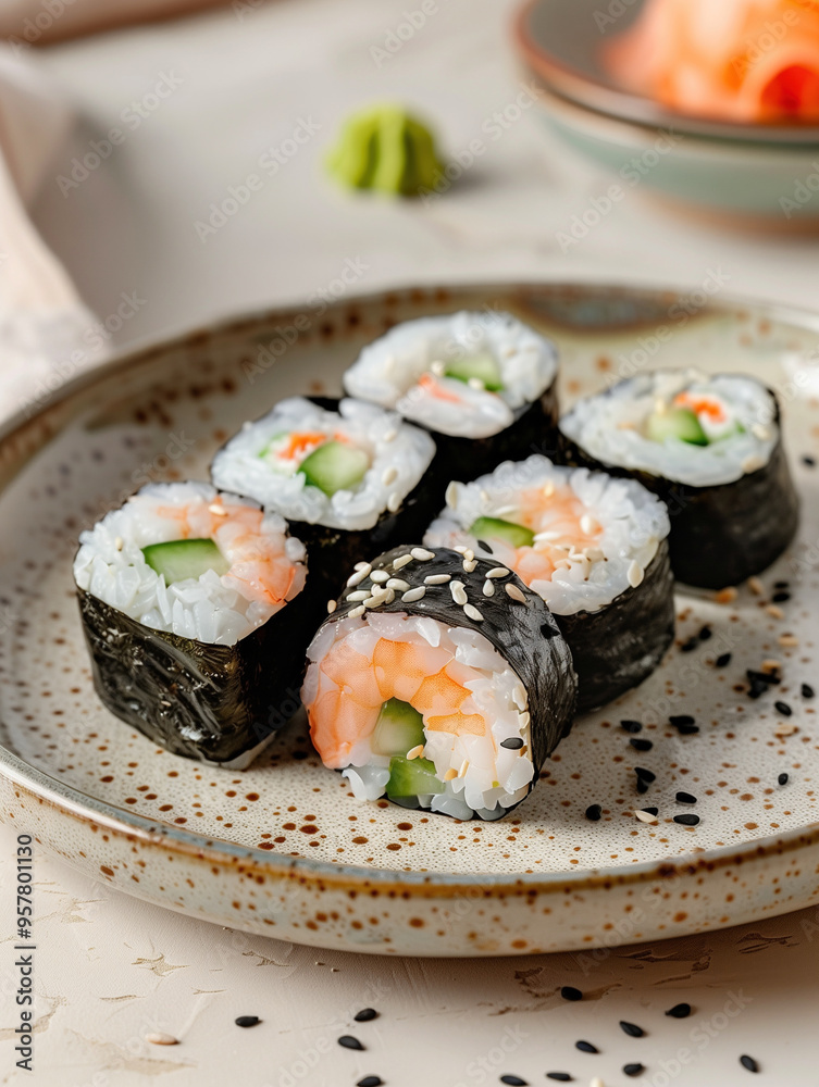 Close-up photo of Double Shrimp Roll sushi with shrimp tempura, avocado, and cucumber on a light background, isolated Close-up photo of Double Shrimp Roll sushi with shrimp tempura, avocado, and cucumber on a light background, isolated