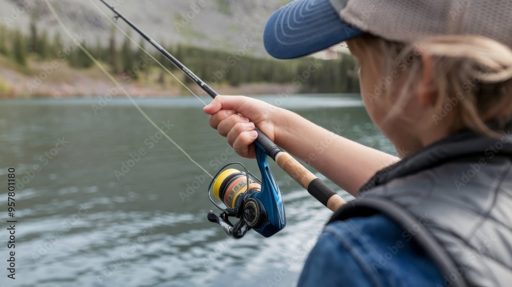 Young Angler's Hand Holding Fishing Rod and Reel Close-Up Young Angler's Hand Holding Fishing Rod and Reel Close-Up