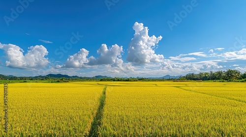 A picturesque view of a countryside with endless yellow rice fields, ready for harvest, under a bright blue sky with fluffy white clouds, evoking a sense of peace and abundance photo