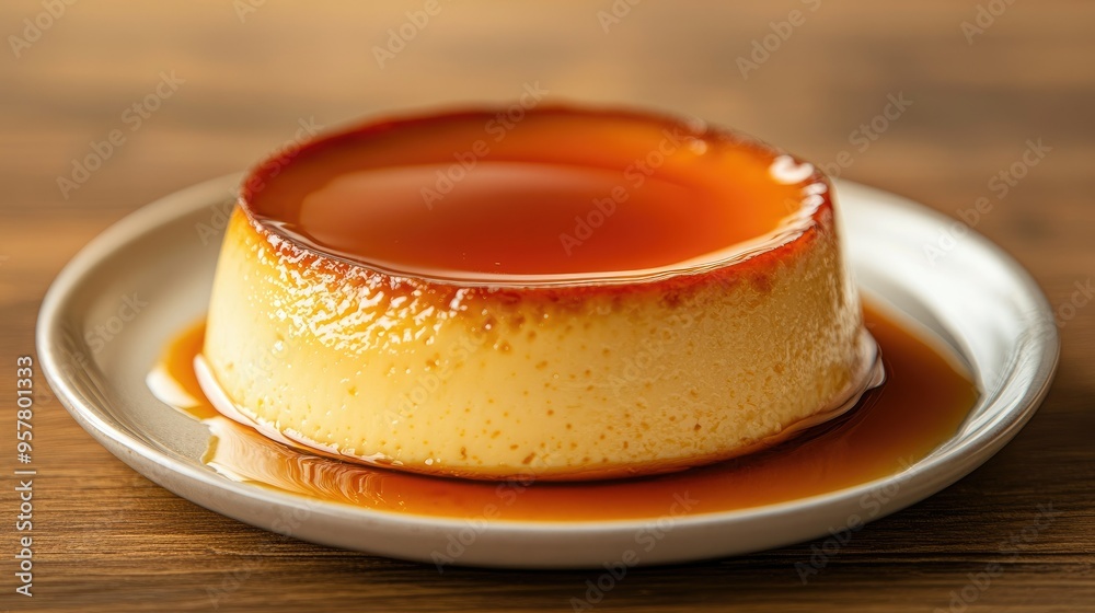 A plate of rich, creamy flan topped with glossy caramel sauce, placed on a wooden table. Perfect for showcasing a delicious homemade dessert A plate of rich, creamy flan topped with glossy caramel sauce, placed on a wooden table. Perfect for showcasing a delicious homemade dessert