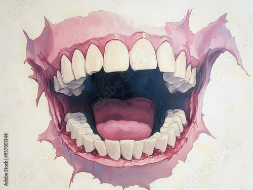 A surreal artistic representation of an open mouth, showcasing detailed teeth and a vivid color palette. photo