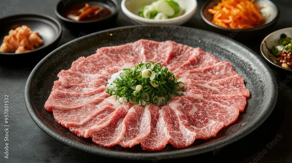 A plate of thinly sliced raw beef with marbled texture, surrounded by traditional side dishes for Sukiyaki or Shabu. Perfect for culinary presentations. A plate of thinly sliced raw beef with marbled texture, surrounded by traditional side dishes for Sukiyaki or Shabu. Perfect for culinary presentations.