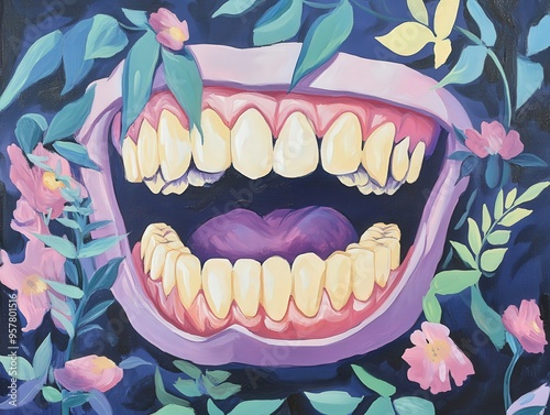 A vibrant artwork featuring an open mouth surrounded by colorful flowers, symbolizing expression and nature's beauty.