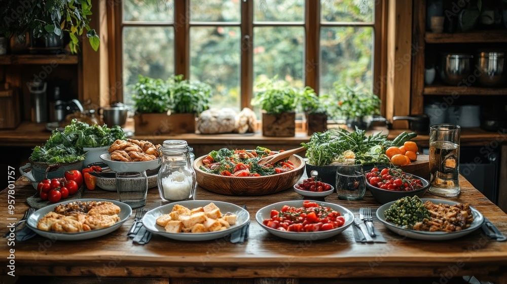 A vibrant spread of fresh, healthy foods on a rustic table. A vibrant spread of fresh, healthy foods on a rustic table.