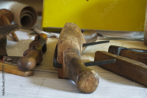 Working desk in the shipyard, Shipbuilding tools