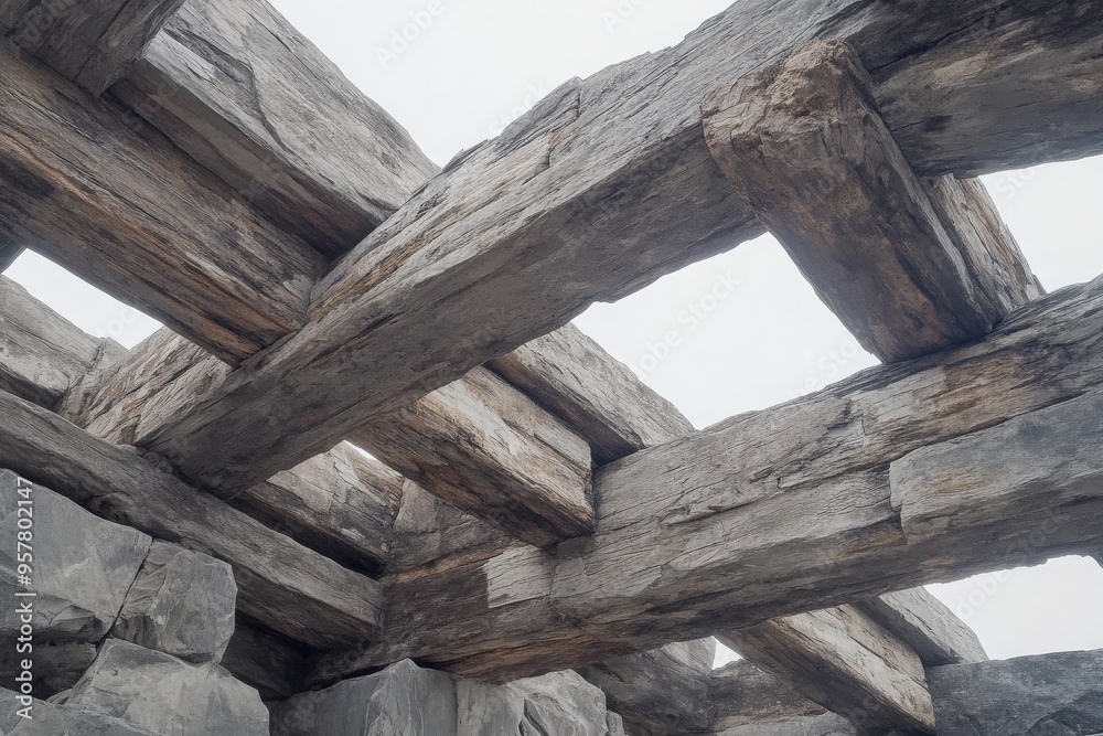 Close-up of rustic wooden beams intersecting above with a cloudy sky in the background, showcasing natural textures and craftsmanship. Close-up of rustic wooden beams intersecting above with a cloudy sky in the background, showcasing natural textures and craftsmanship.