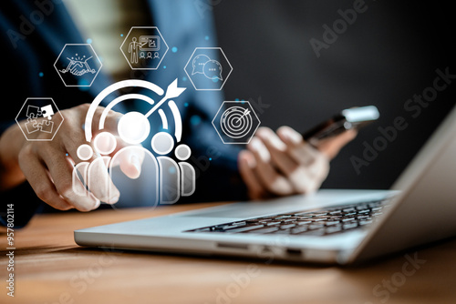 Human Resources Manager showing virtual group human icon with target goal, HRM, CRM, Motivation to achieve, teamwork, Recruitment Consultants and Human Resources Management Concepts.