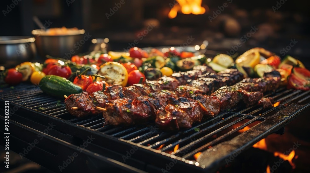 A tantalizing feast of grilled meats and vegetables garnished with herbs. A tantalizing feast of grilled meats and vegetables garnished with herbs.