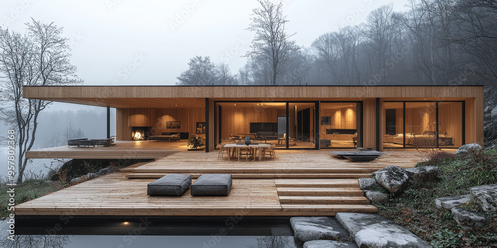 Modern wooden house with a large deck and a view of the forest. Modern wooden house with a large deck and a view of the forest.