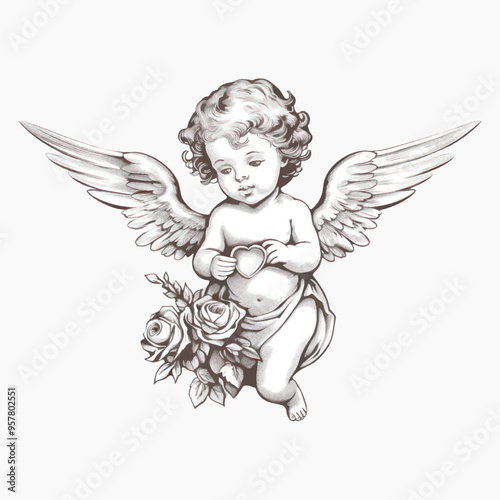 Cherub illustration with wings and rose